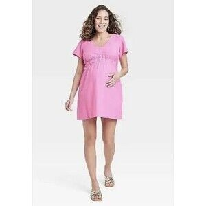 Women's Isabel Maternity Short Sleeve Woven Mini Maternity Dress Pink XS